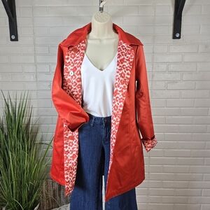 Dennis Besso Orange Red Reversible Leopard Print Button Up Long Jacket Small